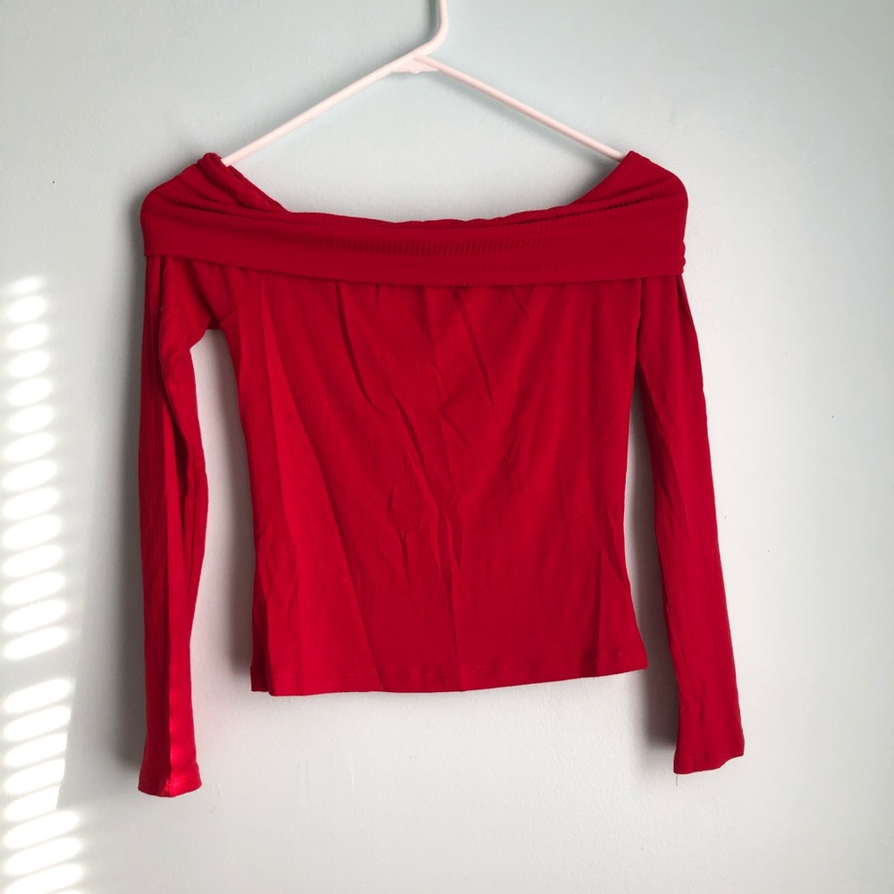 LA HEARTS Ribbed Off The Shoulder Red Top